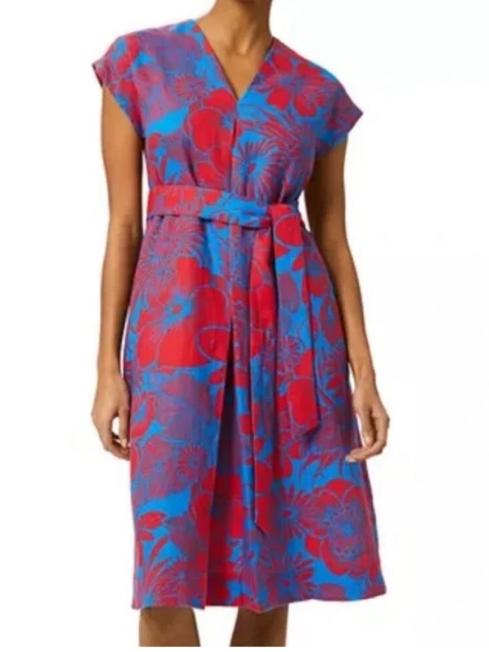 V-Neck Midi Dress in Pink and Blue Floral 100% linen